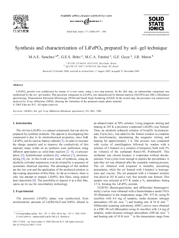 (PDF) Synthesis and characterization of LiFePO4 prepared by sol–gel ...