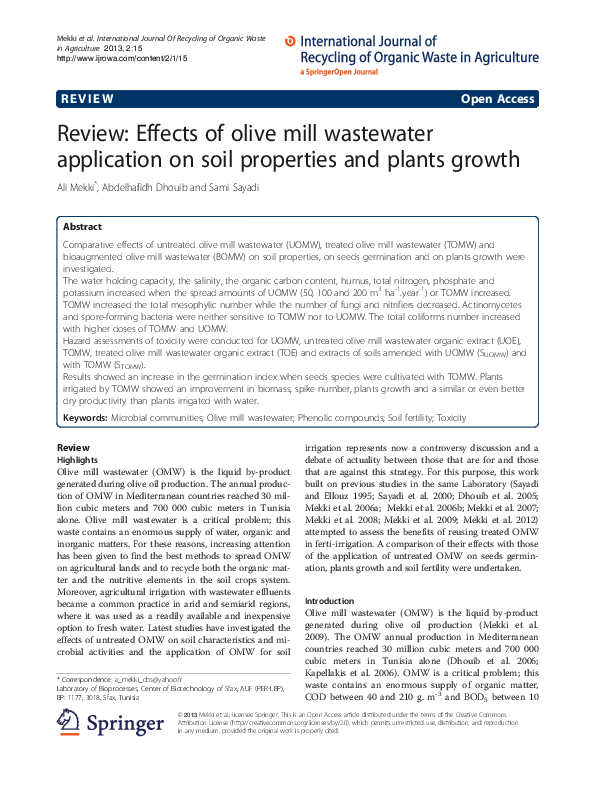 (PDF) Review: Effects of olive mill wastewater application on soil ...