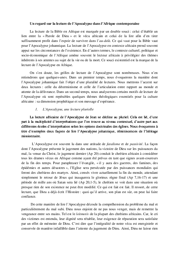Pdf Un Regard Sur La Lecture De L Apocalypse Dans L Afrique Contemporaine Jimi Zacka Academia Edu