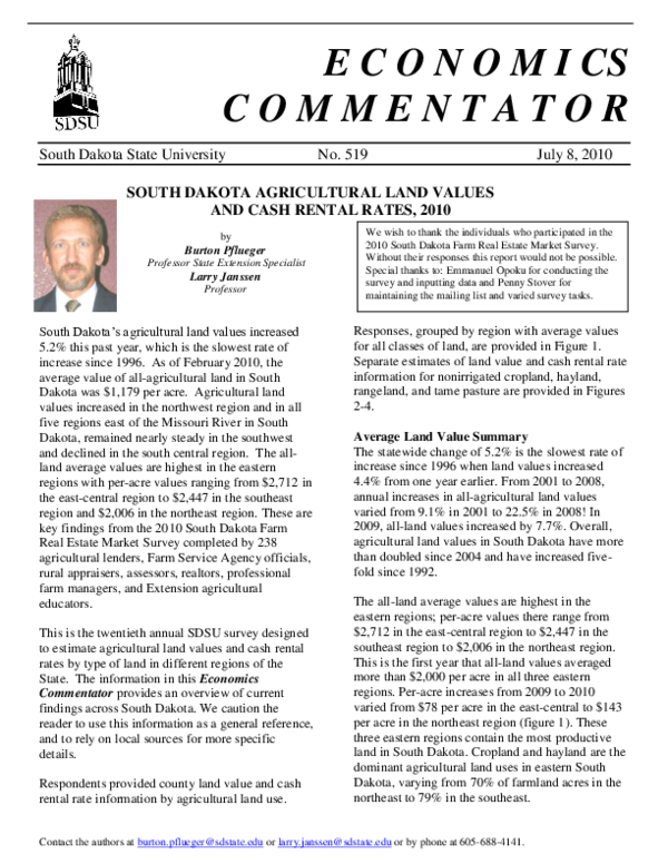 (PDF) South Dakota Agricultural Land Values And Cash Rental Rates, 2010
