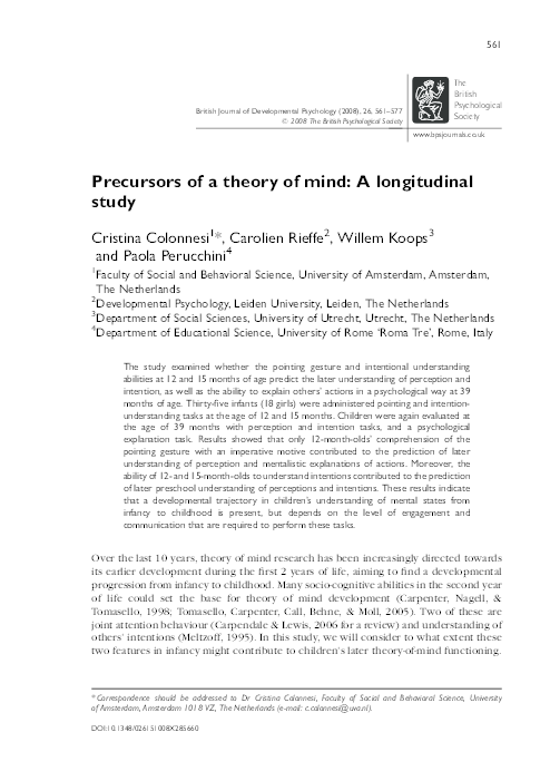 (PDF) Precursors of a theory of mind: A longitudinal study