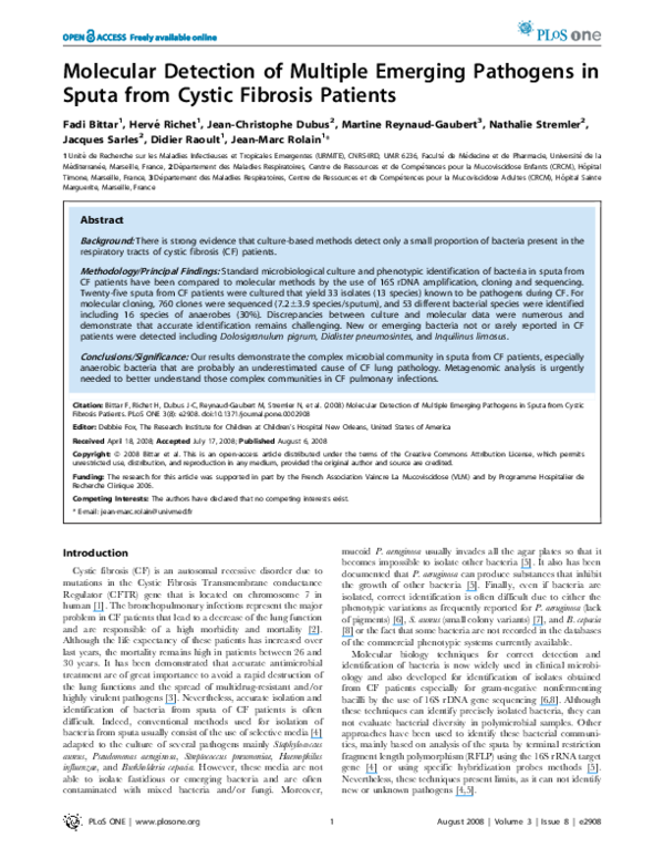 (PDF) Molecular Detection of Multiple Emerging Pathogens in Sputa from