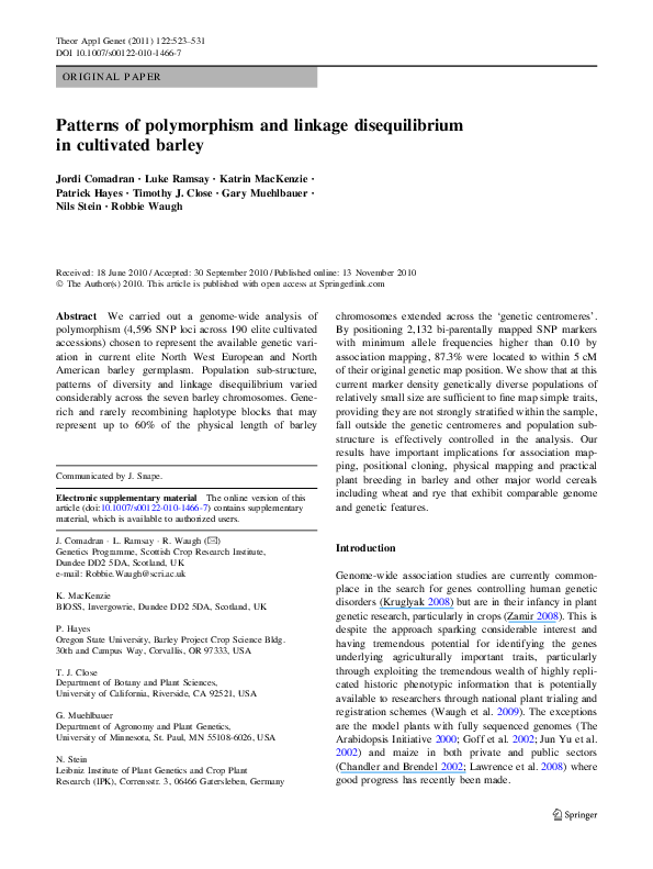 (PDF) Patterns of polymorphism and linkage disequilibrium in cultivated ...