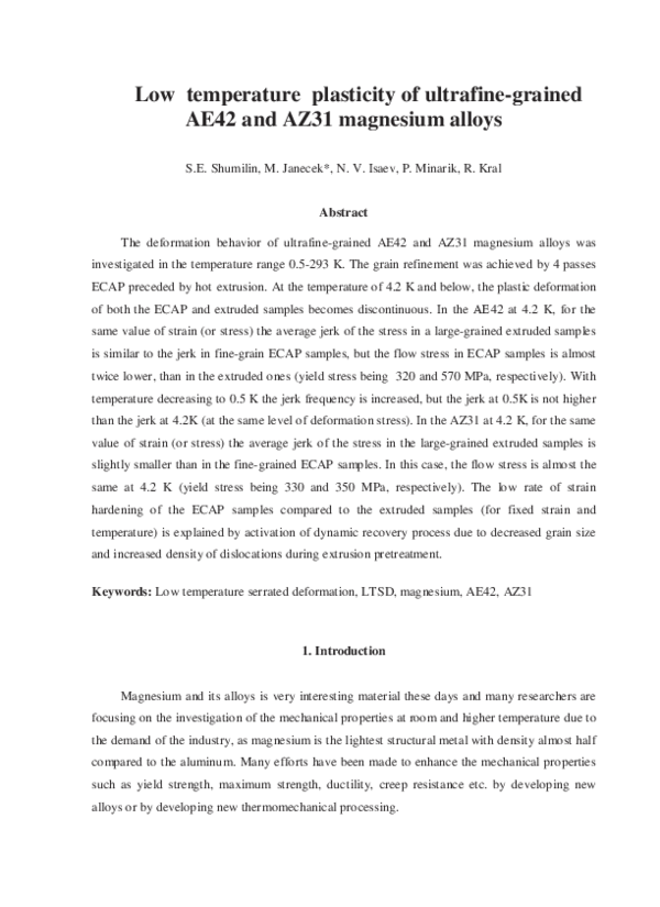 (PDF) Low Temperature Plasticity of Ultrafine-Grained AE42 and AZ31 ...