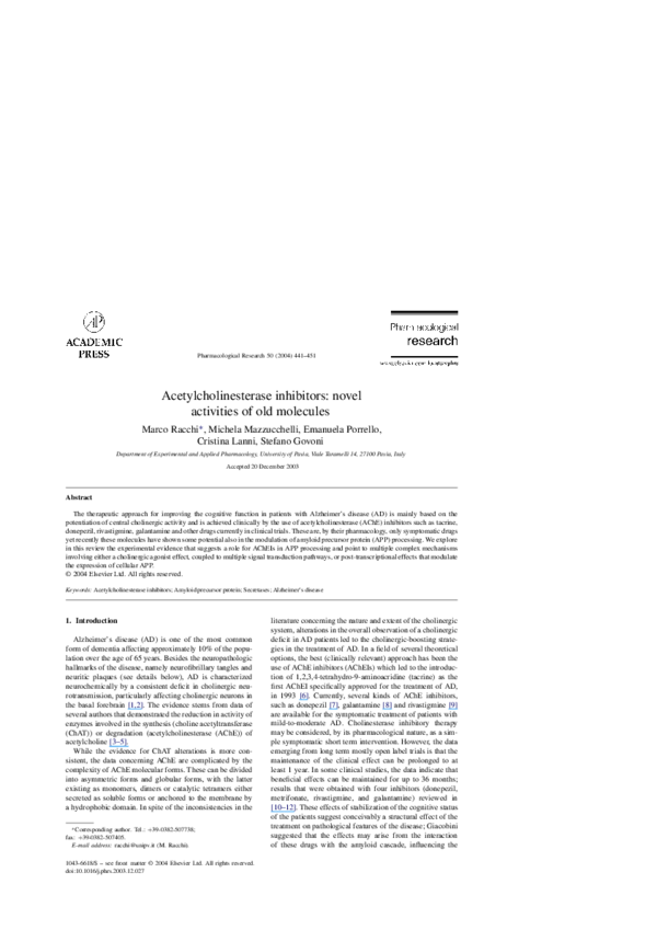 (PDF) Acetylcholinesterase inhibitors: novel activities of old molecules