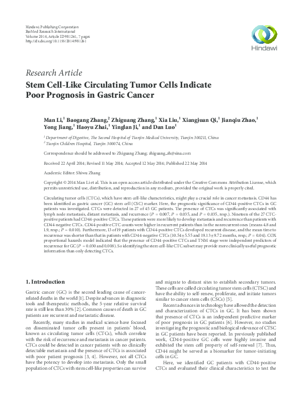 (PDF) Stem Cell-Like Circulating Tumor Cells Indicate Poor Prognosis in ...