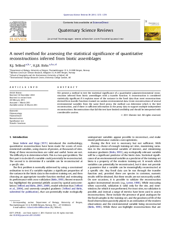 Pdf A Novel Method For Assessing The Statistical Significance Of Quantitative Reconstructions Inferred From Biotic Assemblages Richard Telford Academia Edu