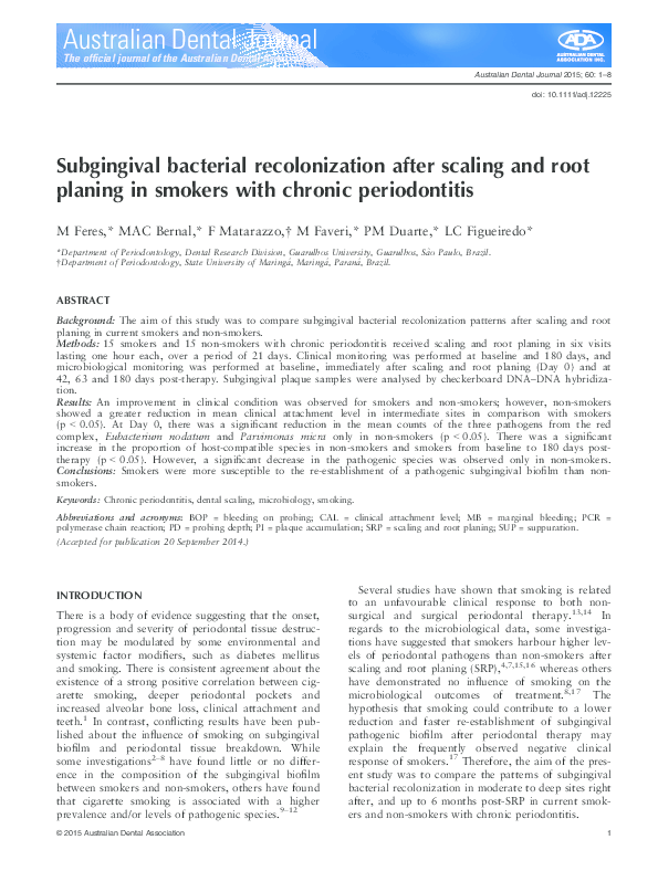 (PDF) Subgingival bacterial recolonization after scaling and root planing in smokers with