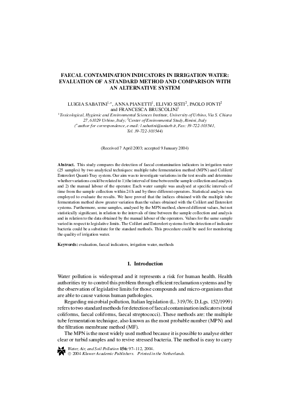 (PDF) Faecal Contamination Indicators in Irrigation Water Evaluation