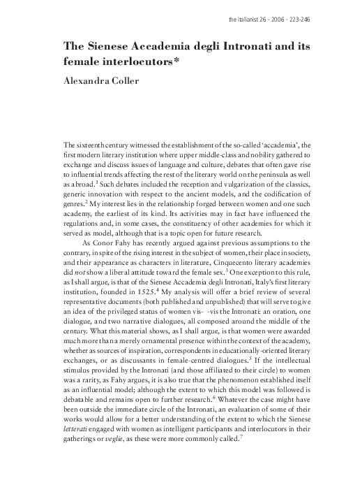 The Sienese Accademia degli Intronati and its Female Interlocutors