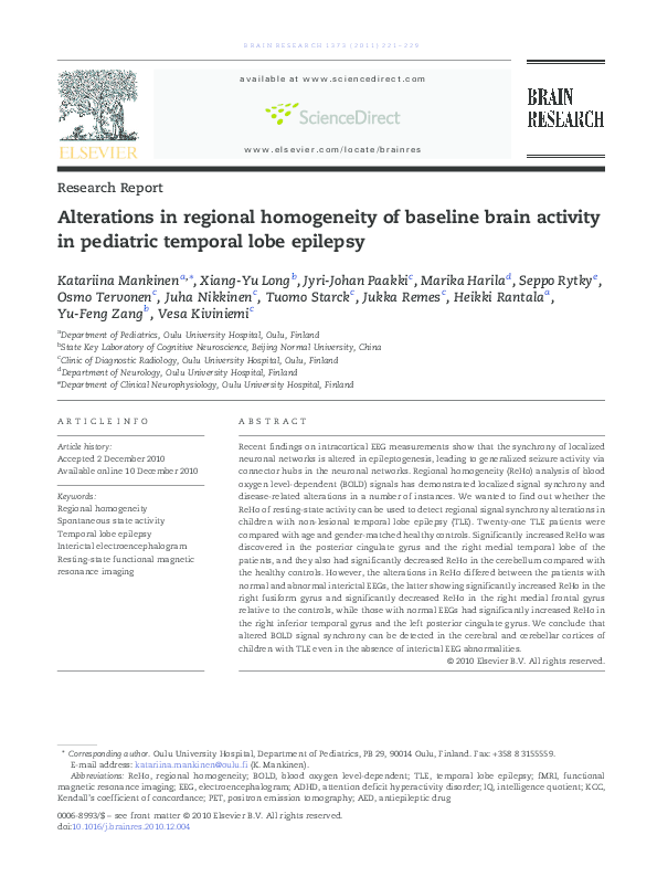 (PDF) Alterations in regional homogeneity of baseline brain activity in ...
