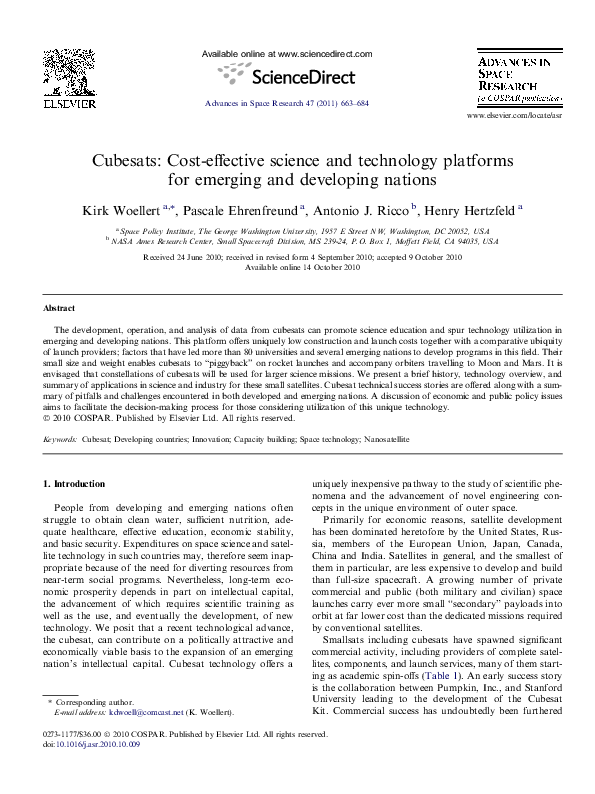Cubesats: Cost-effective science and technology platforms for emerging and developing nations