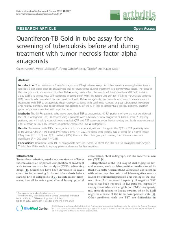 (PDF) QuantiferonTB Gold in tube assay for the screening of