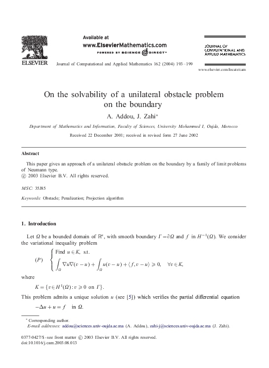 (PDF) On the solvability of a unilateral obstacle problem on the boundary