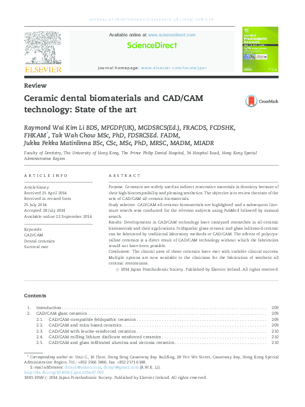 (PDF) Ceramic dental biomaterials and CAD/CAM technology: state of the art