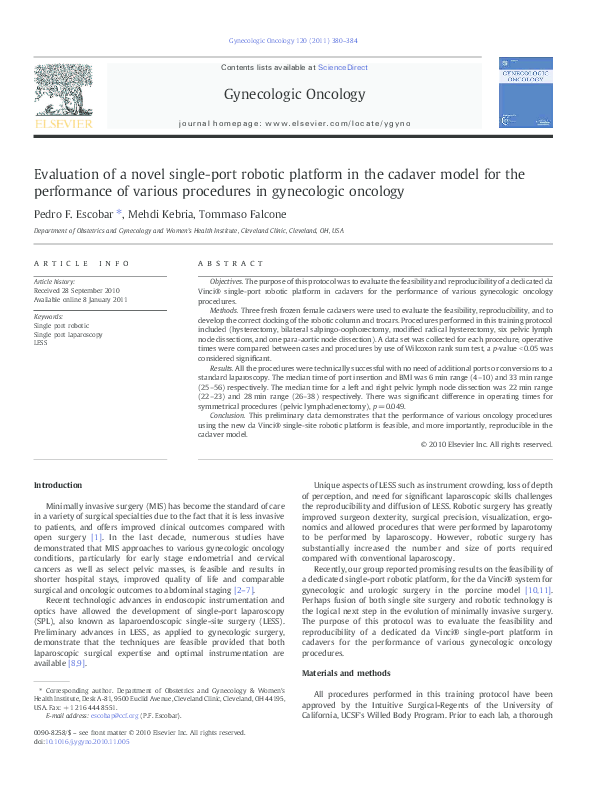 (PDF) Evaluation of a novel single-port robotic platform in the cadaver ...