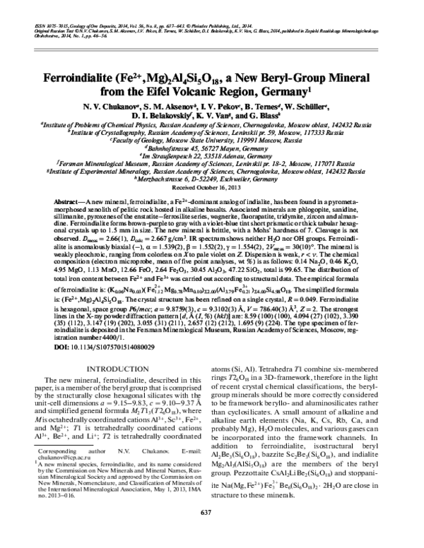 (PDF) Ferroindialite (Fe2+,Mg)2Al4Si5O18, a New Beryl- Group Mineral ...