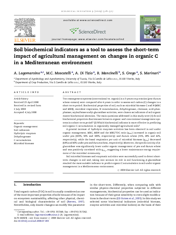 (PDF) Soil biochemical indicators as a tool to assess the short-term ...