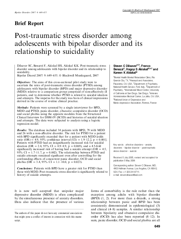 (PDF) Post-traumatic stress disorder among adolescents with bipolar ...