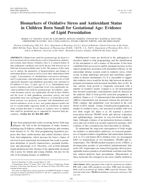 (PDF) Biomarkers of Oxidative Stress and Antioxidant Status in Children ...