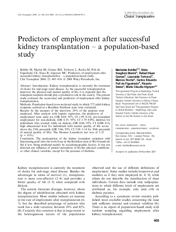 (PDF) Predictors of employment after successful kidney transplantation