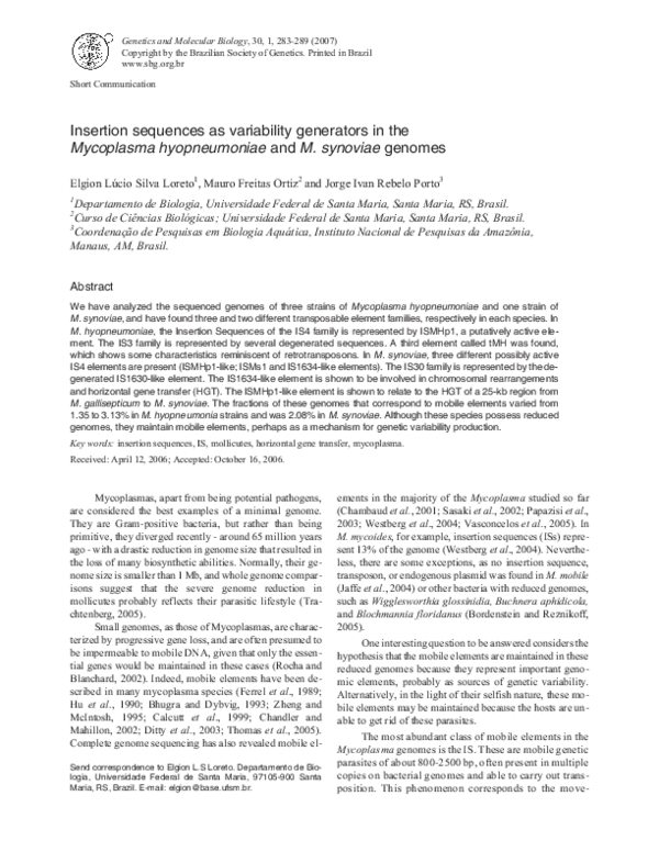 (PDF) Insertion sequences as variability generators in the Mycoplasma ...