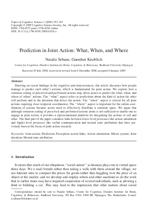 (PDF) Prediction in Joint Action: What, When, and Where