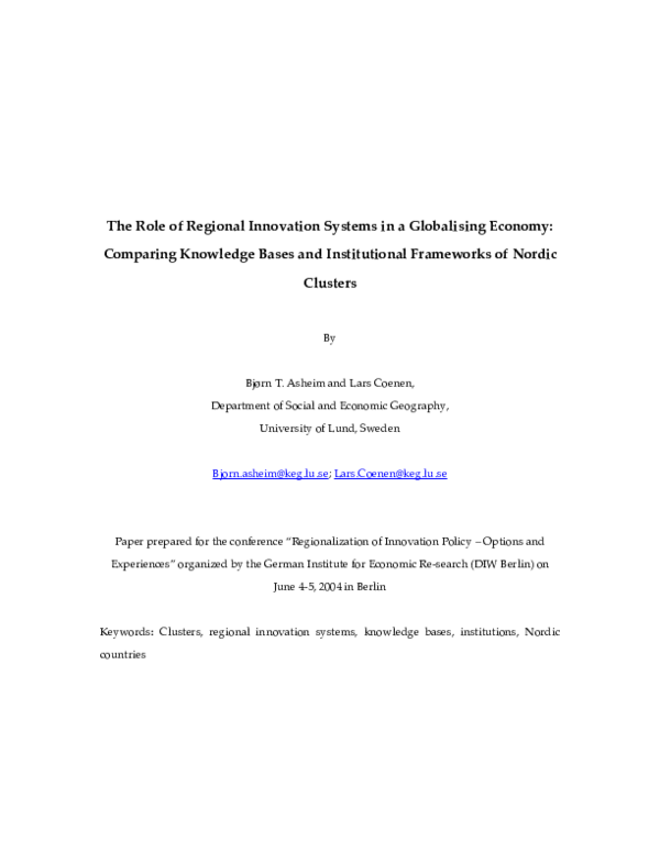 (PDF) The Role of Regional Innovation Systems in a Globalising Economy ...