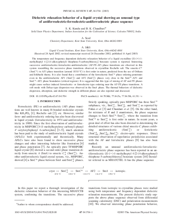 (PDF) Dielectric relaxation behavior of a liquid crystal showing an ...