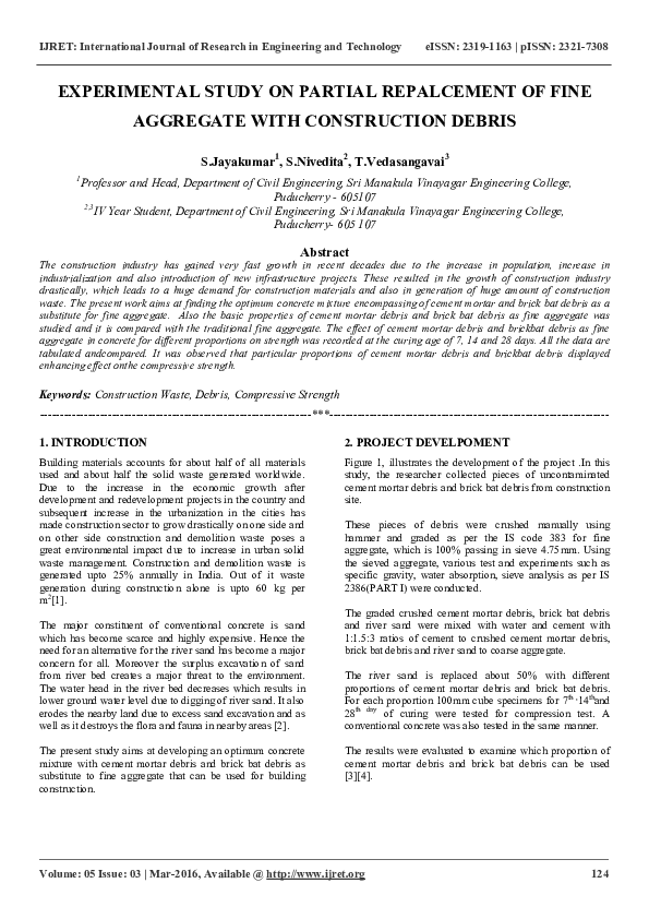 (PDF) EXPERIMENTAL STUDY ON PARTIAL REPALCEMENT OF FINE AGGREGATE WITH ...