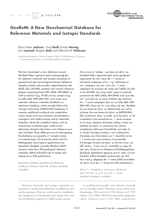 (PDF) GeoReM: A New Geochemical Database for Reference Materials and ...