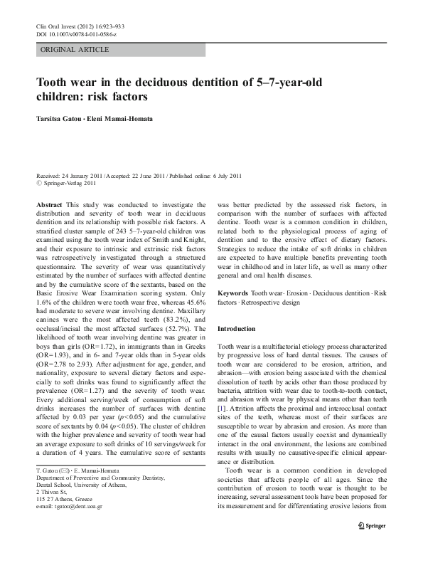 (PDF) Tooth wear in the deciduous dentition of 57yearold children