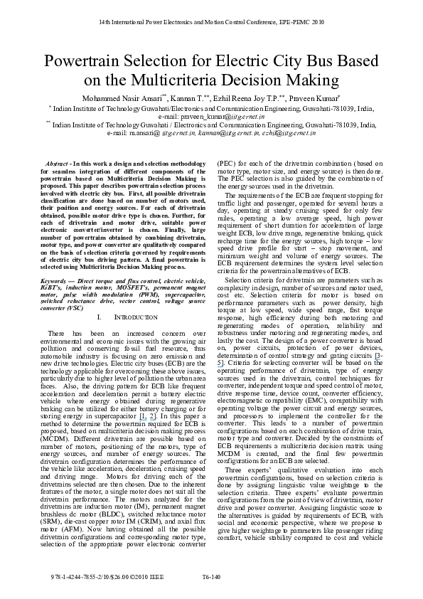 (PDF) Powertrain selection for electric city bus based on the ...