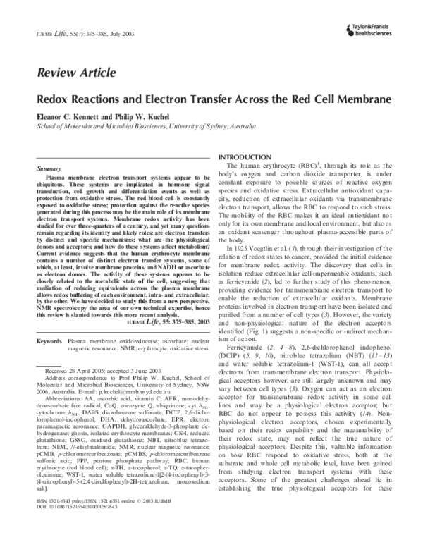 (PDF) Redox Reactions and Electron Transfer Across the Red Cell Membrane