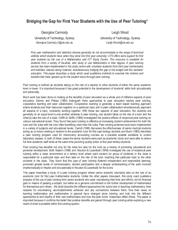 (PDF) Bridging the Gap for First Year Students with the Use of Peer ...