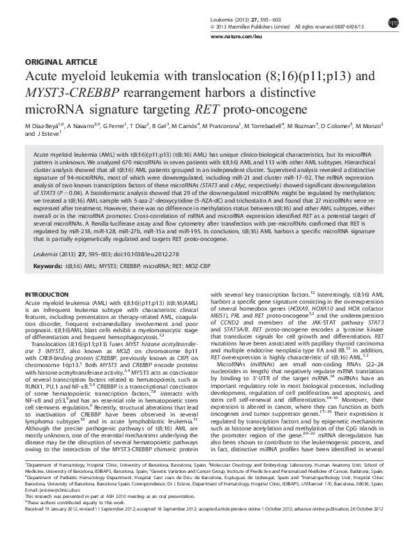 (PDF) Acute myeloid leukemia with translocation (8;16)(p11;p13) and ...