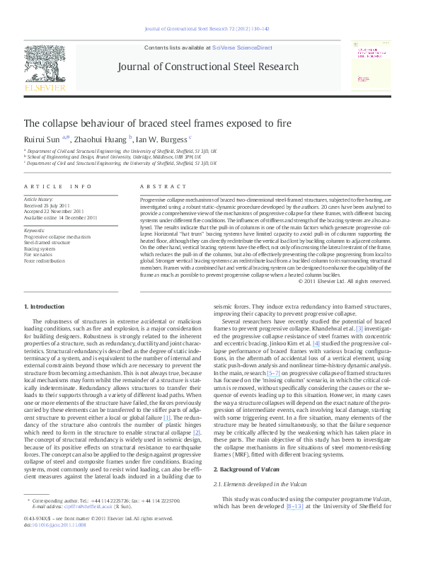 (PDF) The collapse behaviour of braced steel frames exposed to fire