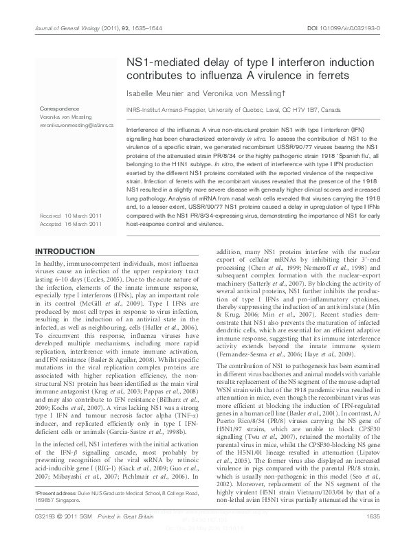 (PDF) NS1-mediated delay of type I interferon induction contributes to ...