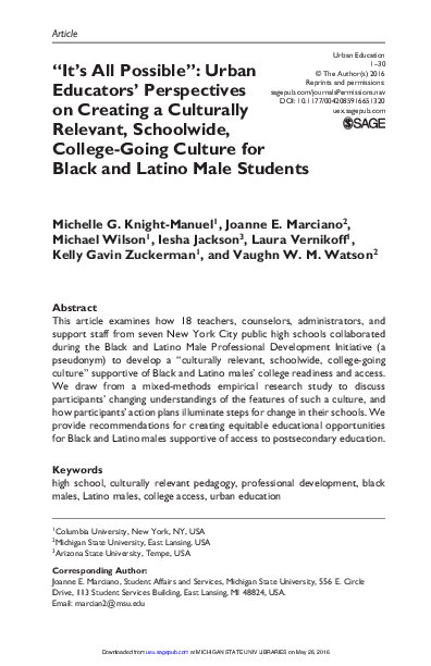 (PDF) " It's All Possible " : Urban Educators' Perspectives on Creating ...