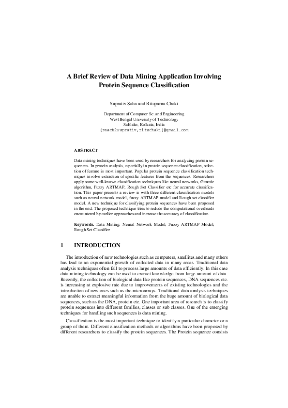 (PDF) A Brief Review of Data Mining Application Involving Protein ...