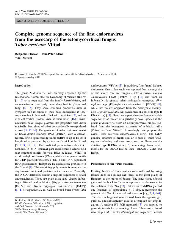 (PDF) Complete genome sequence of the first endornavirus from the ...