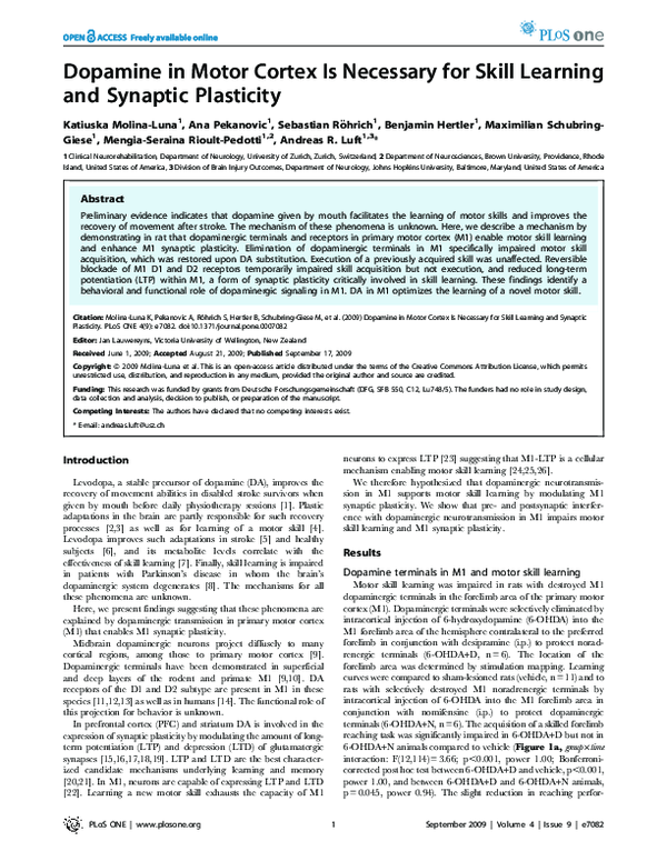 (PDF) Dopamine in Motor Cortex Is Necessary for Skill Learning and ...