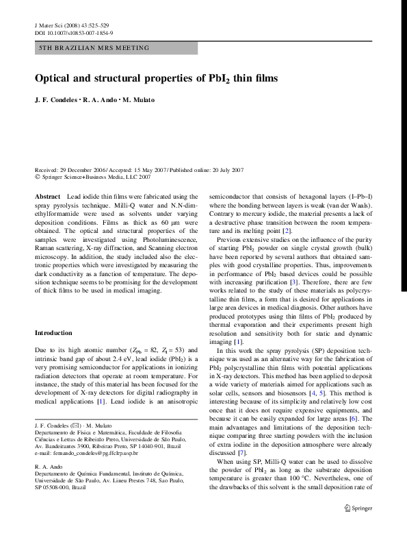 (PDF) Optical and structural properties of PbI2 thin films