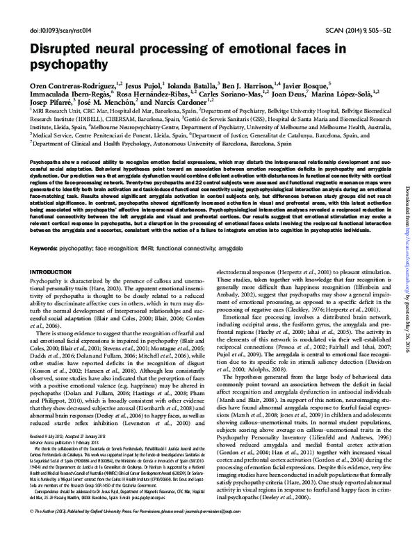 (PDF) Disrupted neural processing of emotional faces in psychopathy