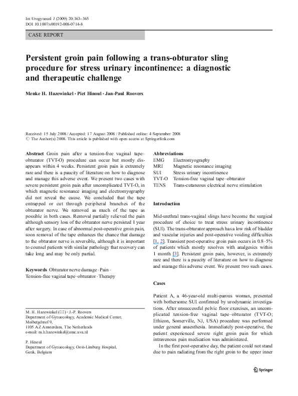 (PDF) Persistent groin pain following a transobturator sling procedure