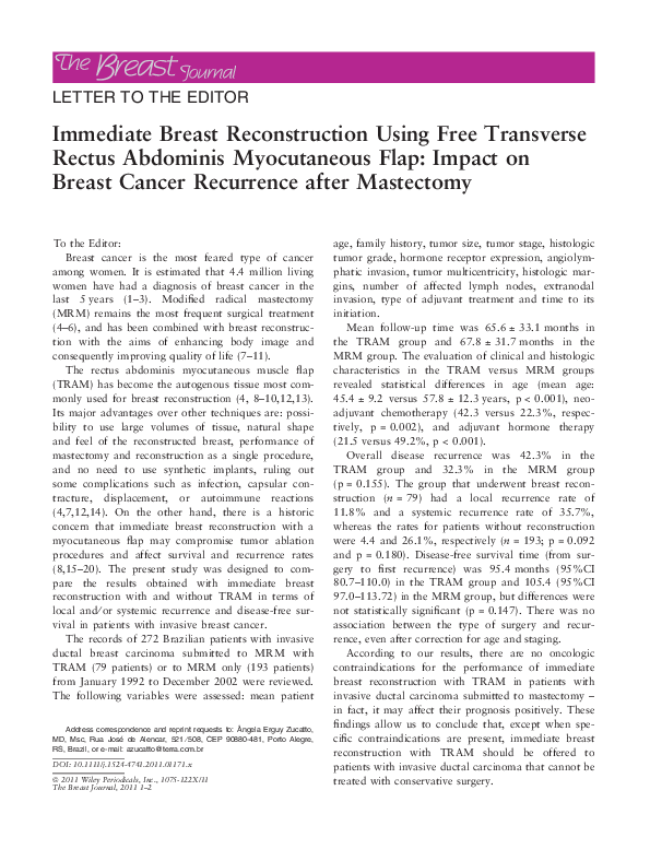 (PDF) Immediate Breast Reconstruction Using Free Transverse Rectus