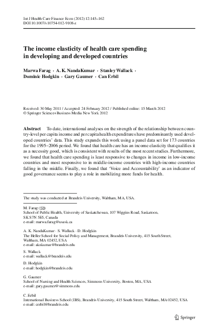 (PDF) The income elasticity of health care spending in developing and ...