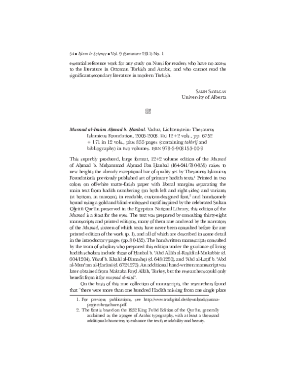 (PDF) Musnad of Imam AhmadReview of Thesaurus Islamicus Foundation