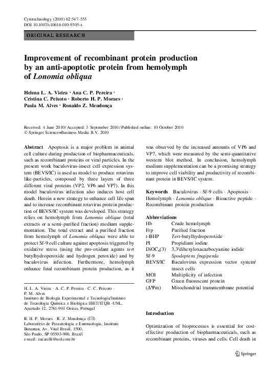 (PDF) Improvement of protein production by an antiapoptotic protein from hemolymph
