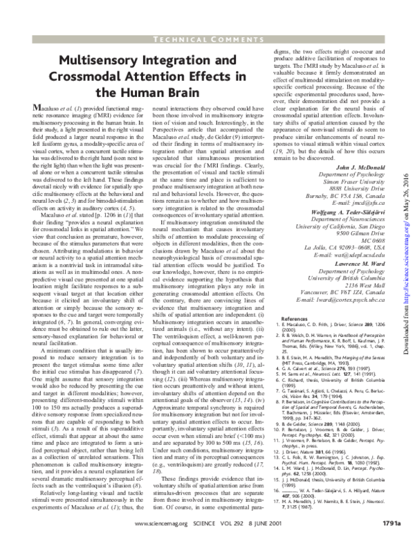 (PDF) Multisensory integration and crossmodal attention effects in the ...